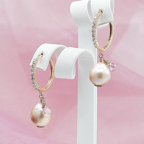 Baroque Pearl & Pink Topaz Hoop Earrings, 14K Gold Filled CZ Hoops - Picture 1 of 11